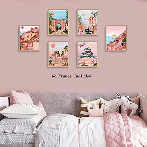 Плакат за пътуване QIAOJI, Розово стенно изкуство, плакат със световната природа, Модни артистични щампи градове за домашна спални - Комплект от 6 (8 X 10, без рамка