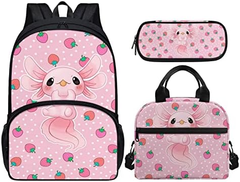 Детска Раница Gongbawa Axolotl 3 В 1, Училищна чанта с Ягоди и Изолирано Кутия за Обяд, Комплект за Жени и Момичета,