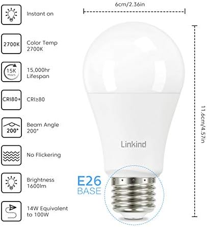 Лампи Linkind A19 без регулиране на яркост, 5000 До Дневна светлина с капацитет 60 Вата в еквивалент и 2700 До нежно-бели