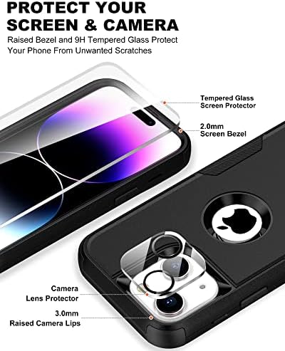 Калъф RonShieh Defender за iPhone 14 с клипс за колан-кобури: [2 бр. Защитно фолио за екран + защита на обектива на камерата] Тежкотоварни Защитен устойчив на удари Здрав Твърд Кал