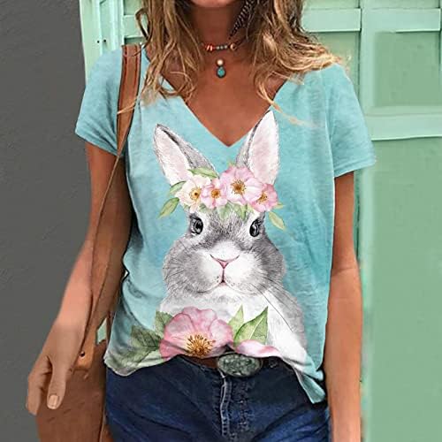 Блуза, Тениска за Жени С Къс Ръкав и Дълбоко V Образно Деколте, От Памук, с Цветен Модел Kawaii Animal Бъни Costumes