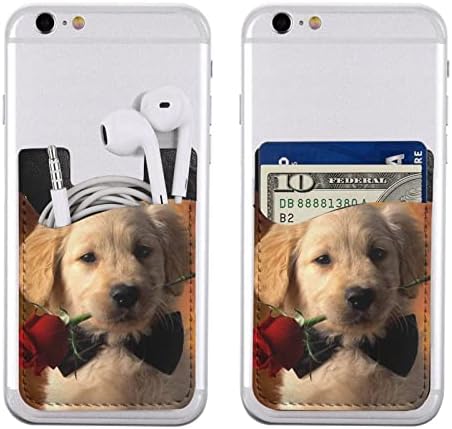 Държач за карти за мобилен телефон с кучето и роза, Кожена паста за портфейла за мобилен телефон, Еластичен държач за