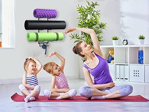 Стенен килимче за йога с Поролоновым валяк и закачалка за кърпи с 3 Куки за закачане на колан за йога и Эспандеров, 3-Секционни