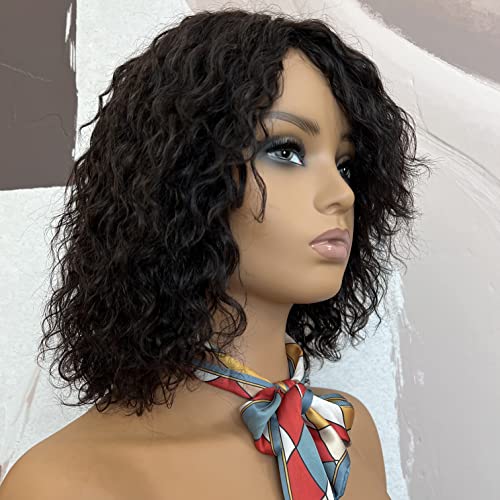 FULEISI 12 инча къса вълна от вода бразилски естествена коса бесклеевые перуки с бретон за черни жени 180 плътност (натурален черен цвет12)