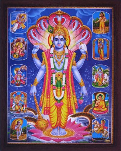 Магазин за занаяти Господ Вишну, който Стои на Цветето лотос, Качулка Шешнага заобиколен от индуски богове, Плакатная картина в рамка, е Задължително за хиндуистки