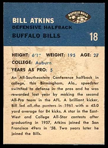 1962 Fleur 18 Бил Аткинс Бъфало Биллс (Футболна карта) VG/БИВШ Биллс Обърн
