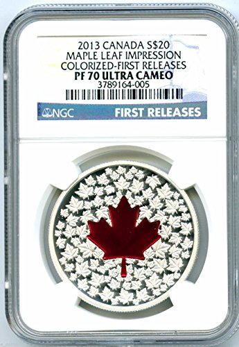 2013 Канада 20 щатски долара Сребърен печат с мрежа КЛЕНОВ ЛИСТ NGC PF70, Оцветени Червено Емайл