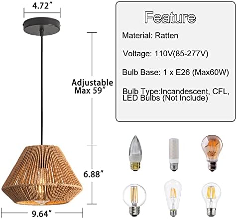 Бамбук Окачен лампа ръчна изработка, Окачена лампа от ратан Реколта Фермерска къща 9,64 инча, Модерен Окачен Лампа в