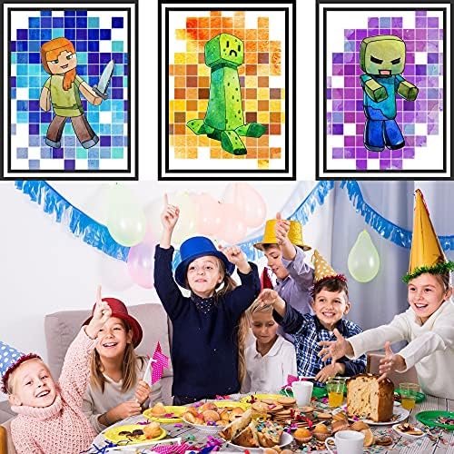 Пикселова плакати Mining Забавни Wall Art Pixel Mine за стая за момчета – Стенен декор на тема миньор–геймър - Комплект от 6 щампи, без рамка, 8x10 инча, Уникална живопис, акварел,