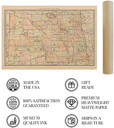 HISTORIX Реколта Карта на щата Северна Дакота 1892 г. - Стенни карти на Северна Дакота размер 24x36 инча - Старият Исторически