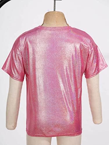 FEESHOW/ Детска Лъскава тениска с Метален Блясък за Момичета, Свободна Риза с Къси Ръкави за Момчета, Костюми за спортни