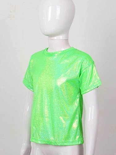 FEESHOW/ Детска Лъскава тениска с Метален Блясък за Момичета, Свободна Риза с Къси Ръкави за Момчета, Костюми за спортни