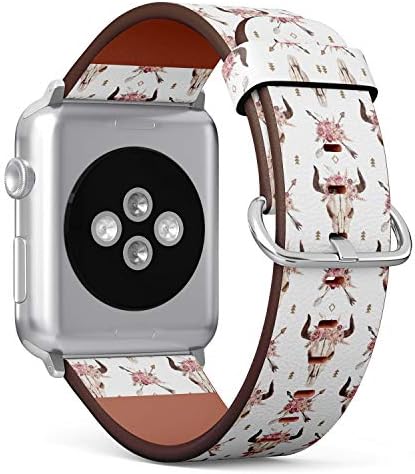(Акварел модел в стил бохо със стрелки, череп на бик с рога) Кожена гривна с модел, който е съвместим с Apple Watch серия