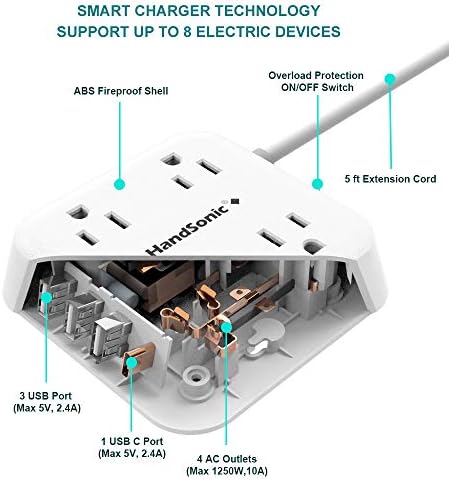 Захранване HANDSONIC, Монтируемый Удължител с плоска вилица и 4 розетки, 3 USB-A, 1 USB-C, 5-крак кабел, Компактен зарядно