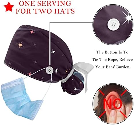 2 Опаковане на Работни шапки за еднократна употреба с Каишка за Пот за жени, Шапки-Ексфолианти със Златни Звезди Нощно Небе, Обвързани в опашката