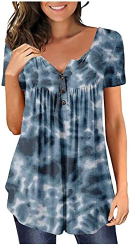Akollsppnsy Блузи за жени, по-Големи Размери 2023, Тениска с Къс Ръкав и яка, Копчета, която е Боядисана в Вратовръзка, Работно Облекло, Дамски Потници и Блузи
