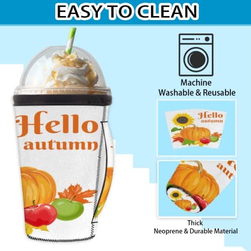 Тиквата Есенни листа (11) за многократна употреба Кафе ръкав с лед с дръжка от неопрен за напитки, кафе лате, Чай, напитки,