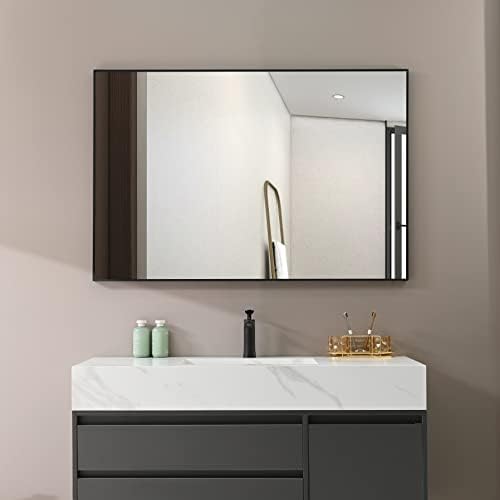 Правоъгълни Черни Огледала в рамка за домашни любимци 48 х 32 с Подвижен рафт, Съвременно Стенно Огледало за Баня, Спални,