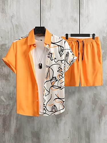 NIBHZ Облекло от две части за мъже, Мъжка Риза с модел под формата на цветни блок и Шорти без тениски (Цвят: оранжев