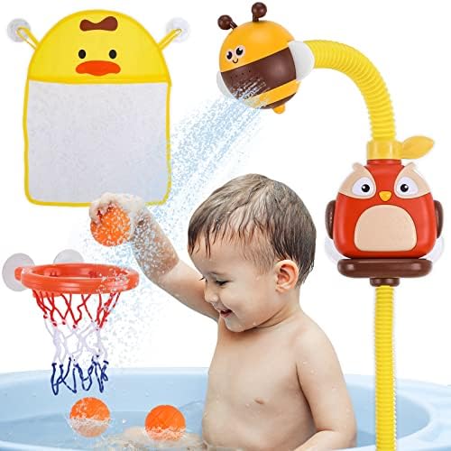 Играчка за баня 3 в 1 за дете 6-12 месеца, Накрайник за душ за детска баня, баскетбол обръч за баня за деца (3 топки),