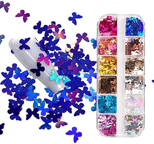 12 Цвята, Блестящи Пайетки за дизайн на ноктите с пеперуди, 3D Холографски Стикери за нокти с Пеперуди, Блестящи Лазерни
