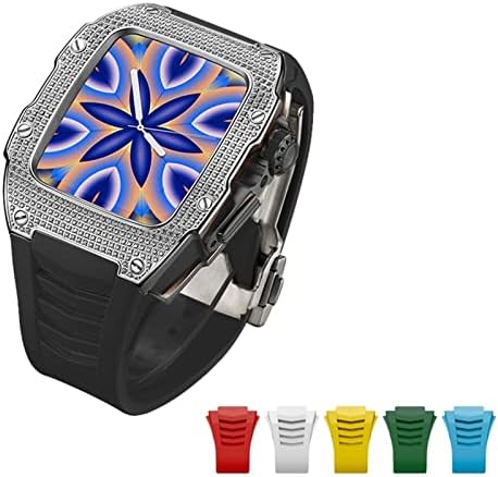 AEMALL за Apple Watch 7 45 мм Луксозна диамантена калъф + 6 бр. каишка Разширено калъф, изработени от въглеродни влакна за Iwatch Series 6 5 4 SE 44 мм комплект от титанова сплав (Цвят: диа