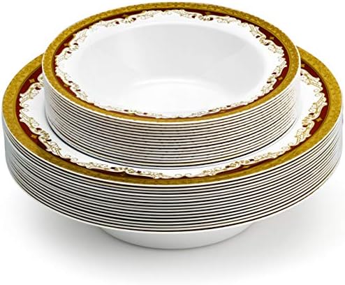 Дизайнерски комплект съдове за готвене Laura Stein | 64 Еднократни Пластмасови Чаши за партита | Бялата Сватбена купа с Бордовым ръб и златни инкрустации | В комплекта са ?