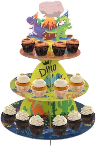 3-Нива Поставка за кифли с динозавром YHomU, Украса за парти в чест на рождения Ден в стила на Динозаврите, Здрава Картонена стойка за торта, Кръгла Кула за демонстраци?
