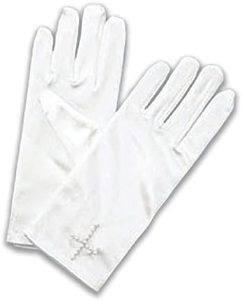 Бели Сатенени ръкавици за Първо Причастие Бродирани с Мъниста Кръст