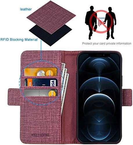 Калъф KEZiHOME за iPhone 12/12 Pro от изкуствена кожа [RFID lock], Флип калъф-портфейл с отделения за карти, Магнитна