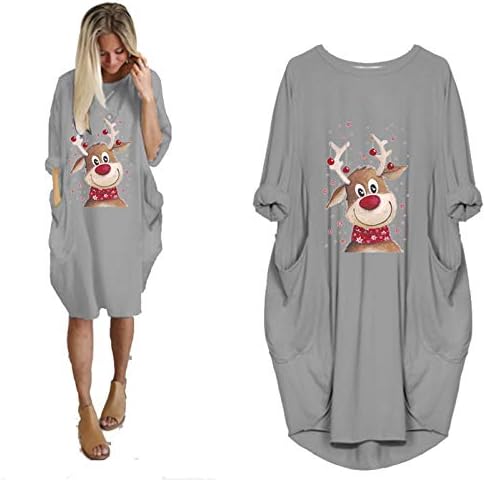 BADHUB Xmas_Dress / Модно Дамско Зимно Свободно рокля с кръгло деколте и джобове Размер Плюс, Коледна рокля с принтом