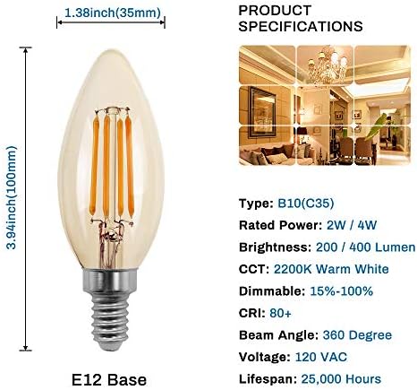 Led лампа Runquiz в Канделябрах с регулируема яркост B11/C35, Цокъл на E12, Мек Топъл Бял 2700K, Кехлибар Стъкло, Висок