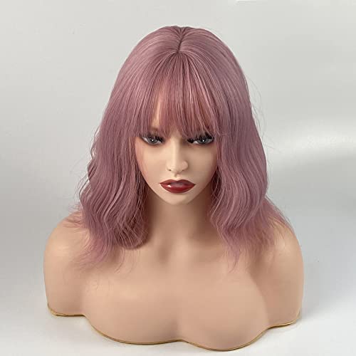 Eaaxup боб Розово лилаво къса коса къдрава перука Розово лилаво перука Женски синтетични перука 14 см светъл перука,