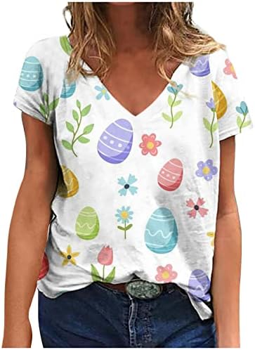 Блуза, Тениска Дамски Памучен С Къс Ръкав Кръгъл Отвор с Дълбоко V Образно деколте И Цветен Модел Сладко Домашни Зайче