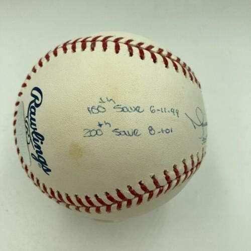 Мариано Ривера Прави Сэйвы За кариера, Подписани с Едър Шрифт STAT Baseball Steiner COA - Бейзболни топки с автографи