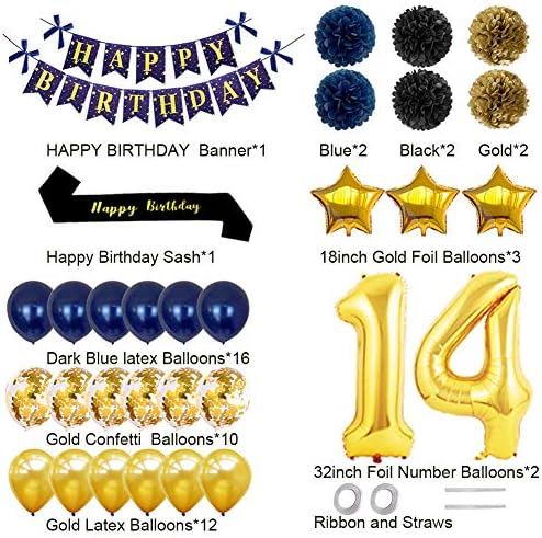 Украса за парти на 14-ти рожден ден yujiaonly - Златни Банер честит Рожден Ден, Балони с 14-ти номер, Колан честит Рожден