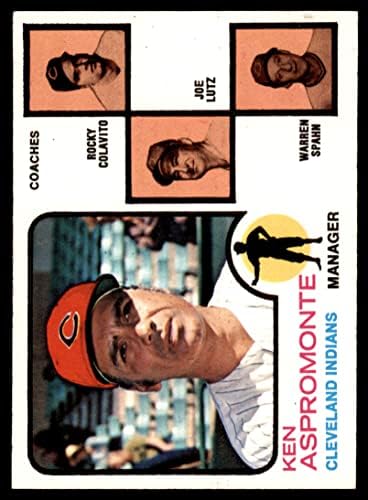 1973 Лидери Topps # 449 ORG Индианците Кен Аспромонте / Роки Колавито / Джо Латц / Уорън Спан Индианците Кливланд (Бейзболна картичка) (оранжев фон и дясното ухо Спана заостре