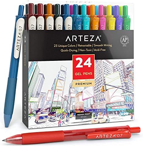 Цветни гел химикалки ARTEZA, Опаковка от 24, 10 пури в ограничени бройки и 14 ярки цветове, най-Тънкия връх 0.7 mm, Прибиращи, Художествени пособия за водене на дневник, рисув?