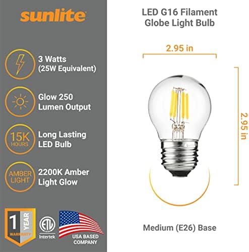 Лампа с нажежаема жичка Sunlite 80454 LED G16, 3 W (еквивалент на 25 W), 250 Лумена, С регулируема яркост, Средна база