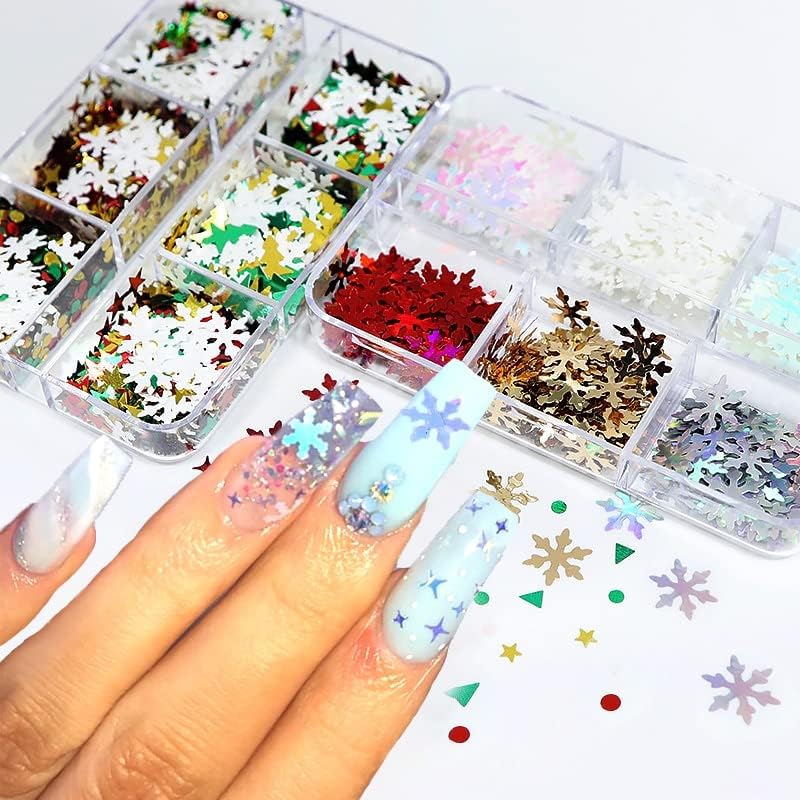 Холограма Блясък за нокти под формата на Снежинки, Разноцветни Снежинки, Люспи, Зимни и Коледни Декорации За Дизайн на