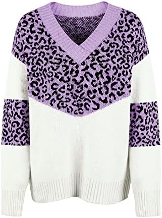 Дамски плетива, пуловери есен плътен цвят мозайка леопард печат с дълъг ръкав пуловер вязаный пуловер със сърцето