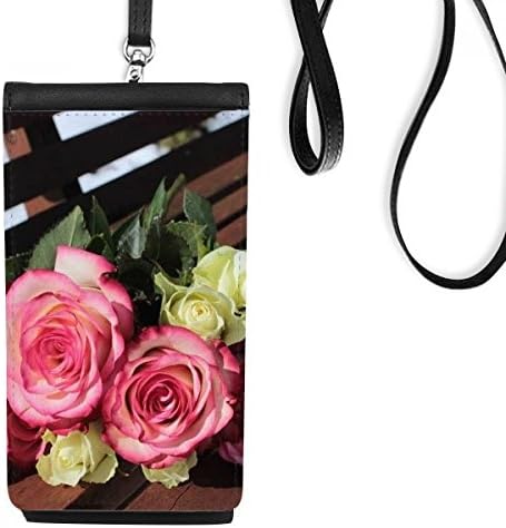 Розово-Бели Цветя Красива Пейка Телефон В Чантата Си Портфейл Окачен Мобилен Калъф Черен Джоба