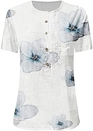 Дамски Ежедневни Тениски с копчета Отпред, Блуза с Принтом Кръгъл Отвор, Ризи с Къс ръкав, Отгоре с джоб