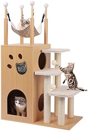 Съвременно Котешки Дърво, на Етажната собственост Wood Cat Tower с Напълно Покрити с Сизалем Когтеточками, Моющейся Възглавницата и Забавно Хамак, Голяма Дървена Дърво з